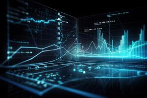 financial graph and chart on virtual screen, represent stock market analysis. Financial graphs glowing lines and diagrams on digital screen, photo