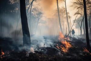 Forest fire with burning dry grass and trees in the background, Nature disaster concept, forest fire with trees on fire firefighters trying to stop the fire, photo