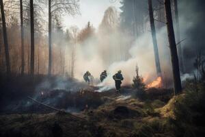 bomberos extinguir un fuego en el bosque. selectivo enfocar. bosque fuego con arboles en fuego bomberos molesto a detener el fuego, ai generado foto