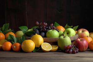 Fruits on a wooden background. Orange, apple, grape, lemon, grape. Fresh fruits and vegetables are on the table, photo
