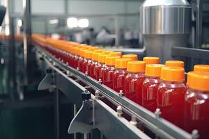 transportador cinturón con botellas de jugo a un moderno bebida fábrica, Fruta jugo fábrica producción línea con bebida, ai generado foto