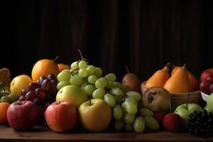 Still life with fresh fruits on wooden table against dark background, space for text, Fresh fruits and vegetables are on the table, photo