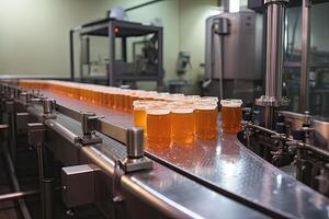 Conveyor belt with bottles of beer at brewery factory, closeup, Fruit juice factory production line with beverage, photo