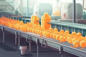 Conveyor belt with bottles of juice. illustration in cartoon style. Fruit juice factory production line with beverage, photo