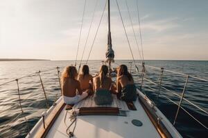 grupo de amigos sentado en el cubierta de un velero a atardecer, amigos Relajado en un yate en el Oceano lleno posterior vista, ai generado foto