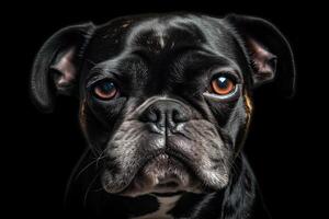 Close up portrait of a black dog on a black background. Funny dog disgusted face close up, photo