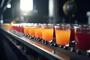 Glasses of fresh juice on conveyor belt in factory, closeup, Fruit juice factory production line with beverage, photo