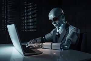 3d rendering humanoid robot working on laptop computer in dark room with binary code, Futuristic AI robot accountant wearing an eyeglass, photo