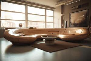 moderno vivo habitación interior diseño con sofá y café mesa. 3d representación, futuro moderno vivo habitación con bronceado cuero sofá, ai generado foto