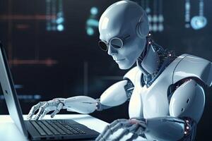 3d rendering humanoid robot working with laptop computer on dark blue background, Futuristic AI robot accountant wearing an eyeglass, photo