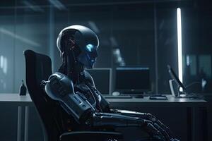 Robot humanoid working on a computer in a dark office. 3d rendering. Futuristic Ai robot CEO sitting at his office chair, photo