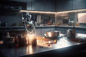 3D rendering of a robot in the kitchen at night. Futuristic concept. Futuristic AI robot cooking in a kitchen, photo