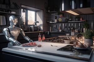 Robot in the kitchen. 3d rendering. Robot and food. Futuristic AI robot cooking in a kitchen, photo