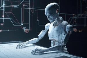 3D rendering of a female robot sitting on a tablet computer. Futuristic Ai robot engineer working with blueprint, photo