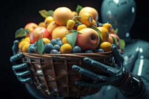 Robot hand holding a basket of fresh fruits. 3d rendering, Futuristic AI robot farmer holding a basket of fresh fruits, photo