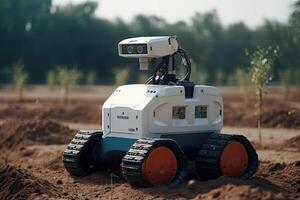 Robot model on the ground in the field. Technology concept. Futuristic AI robot farmer working in the farmland, photo