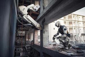 Astronaut and robot in an abandoned factory. 3D rendering. Futuristic AI robot handyman working on a construct, photo