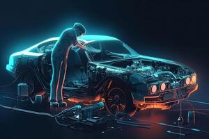 Mechanic repairing a car on dark background. 3D Rendering, Futuristic AI robot mechanic repairing cars, photo