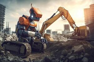 The robot working on the construction site. 3d rendering. toned image, Futuristic AI robot handyman working on a construct, photo