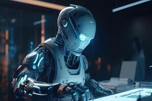 3d representación humanoide robot trabajando en computadora en oscuro habitación con neón luz, futurista ai robot mecánico ingeniero laboral, ai generado foto