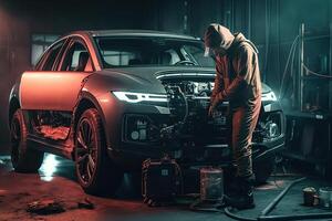 Handsome bearded man in a hoodie is repairing a car. Futuristic AI robot mechanic repairing cars, photo