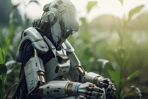 Robot in the corn field. 3d rendering. Robot in the corn field. Futuristic AI robot farmer working in the farmland, photo