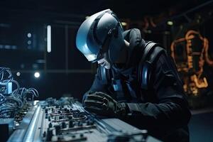 Technician working at the factory. Portrait of young man in protective helmet and goggles working on industrial equipment. Futuristic AI robot mechanical engineer working, photo