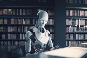 3d representación humanoide robot trabajando en un biblioteca con estante para libros, futurista ai robot leyendo libros en un biblioteca, ai generado foto