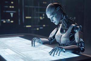 3d rendering humanoid robot working on a technical blueprint of a building, Futuristic AI robot mechanical engineer working, photo