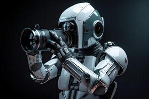 Robot with camera on a dark background. 3d rendering. Futuristic AI robot photographer, model actor doing a photoshoot, photo