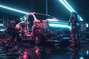 3d rendering of a group of auto mechanics working in a garage, Futuristic AI robot mechanic repairing cars, photo