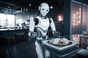 Robot in the kitchen of a restaurant. 3d rendering. Futuristic AI robot serving dishes in the restaurant, photo