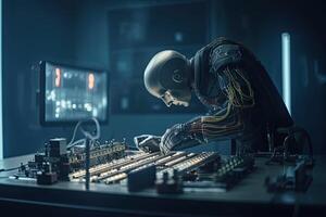 Welder working on a computer in a dark room. 3d rendering. Futuristic Ai robot technician repairing an electric, photo