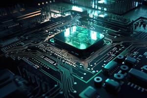 Close up of electronic circuit board with microcircuits. 3D rendering, Futuristic circuit board. Information and technology, photo