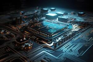 Closeup of electronic circuit board with microchips and other electronic components, Futuristic circuit board. Information and technology, photo