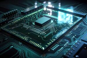 Close up view of electronic circuit board with a processor. 3d rendering, Futuristic circuit board. Information and technology, photo