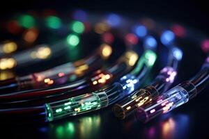 Fiber optic cables close up on a dark background with colored lights, Futuristic data transfer cables close up shot, photo