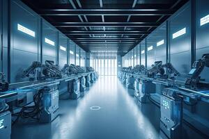 Automated production line in a factory. 3d rendering toned image, Futuristic AI robot workers working in an industry, photo