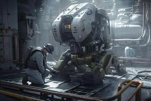 Technicians working on a robot in a metallurgical plant. Futuristic Marine robot repairing a ship, photo