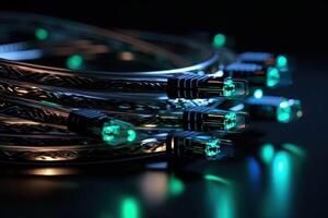 Fiber optic cable close up on a dark background. 3d rendering, Futuristic data transfer cables close up shot, photo