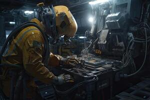 Engineer working in the control room of the factory. Industrial background, Futuristic Marine robot repairing a ship, photo