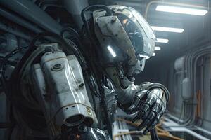 Image of a male robot in a spaceship. 3d rendering. Futuristic Marine robot repairing a ship, photo