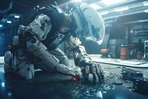 Astronaut sitting on the table in his spaceship. 3d rendering, Futuristic Marine robot repairing a ship, photo