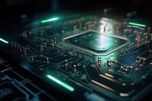 Close up of electronic circuit board. 3d rendering. Computer background. Futuristic microchip surface closeup with glowing light, photo