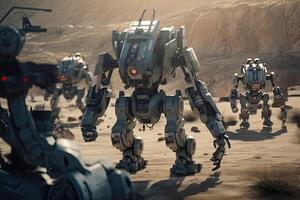 3D rendering of a spaceship in the background of the desert, Futuristic military robots on a battlefield, photo