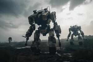 Futuristic robot in the middle of the forest. 3d rendering, Futuristic military robots on a battlefield, photo