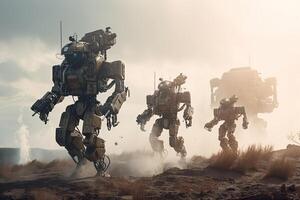 Astronaut in the desert. Military scene. 3D rendering, Futuristic military robots on a battlefield, photo