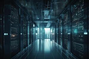 Server room data center. 3d rendering toned image double exposure. Futuristic Network and server in a data center, photo