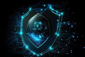 Cyber security concept with shield and circuit board. 3D Rendering, Futuristic technological shield icon, photo