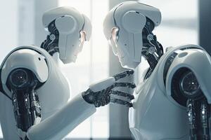 3d rendering humanoid robot hand touching the face of another robot in office, Futuristic Robots handshaking, photo